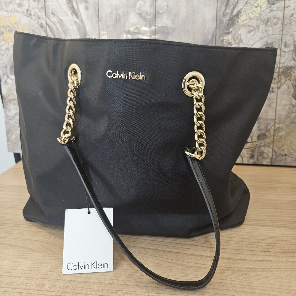 🔥NWT Calvin Klein Black Tote Shoulder Bag Gold Hardware